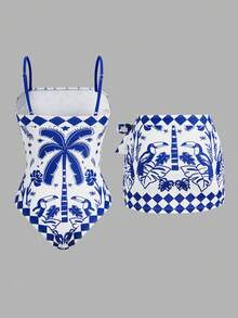 Swim Oasis 女士蓝白热带棕榈树印花连体泳衣，优雅休闲沙滩度假罩衫