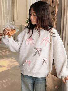 DAZY Sudadera de felpa de cuello redondo con lazo y diseño estampado para niñas preadolescentes, otoño - Gris - Ver 6