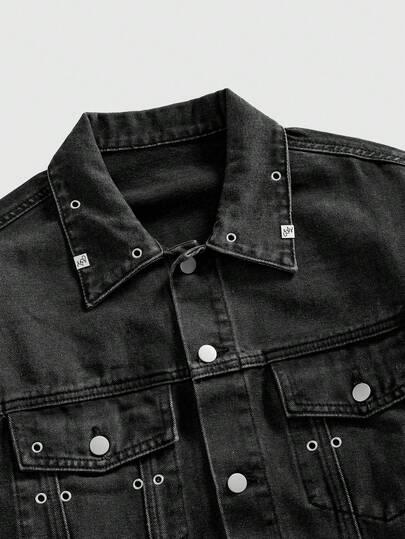 Street Life Street Punk Metal Ring Embellished Denim Jacket, Essential Streetwear For Men