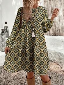 EMERY ROSE Rochie lungă de damă, elegantă, cu imprimeu geometric retro, mărime plus, toamnă/iarnă - Multicolor - Vizualizare 3