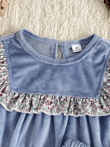 Girls Fleece Pajama Set, Blue Solid Color Sweet Floral Print, Frill Trim, Teardrop Button Back Design, Casual Long Sleeve Top And Pants, Autumn/Winter Home Wear Ruffle Pajamas Toddler Co Ord 2pcs Set Toddler Girls Cute Vintage Style Toddler Two Pieces Set Blue Kids Outfit - Blue - View 7