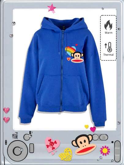 Paul Frank X ROMWE Sudadera con capucha con cremallera y bolsillo con estampado de dibujos animados para hombre, otoño e invierno