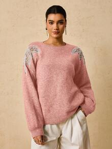 Travachic Áo len chui đầu đính hạt thời trang cỡ lớn cho nữ vào mùa thu/đông - Màu Hồng baby - Xem 3