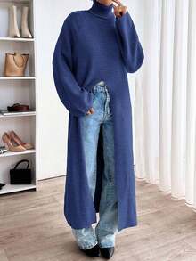 EURMUSE Maglione lungo casual da donna con collo alto e spacco profondo - Blu Navy - Visualizzare 3
