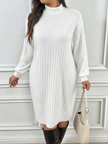 SHEIN Frenchy Plus Size Casual Solid Color Mandarin Collar Dress/Winter - White - View 4