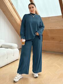 SHEIN Essnce 秋季大码休闲纯色侧开叉上衣和裤子两件套 - 藍色 - 查看 6