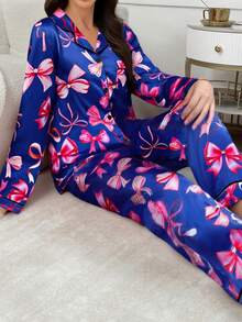 Bowknot Faux Silk Lapel Cardigan Long Sleeve Top & Pants Pajama Set, Fall & Winter Clothes - Multicolor - View 1
