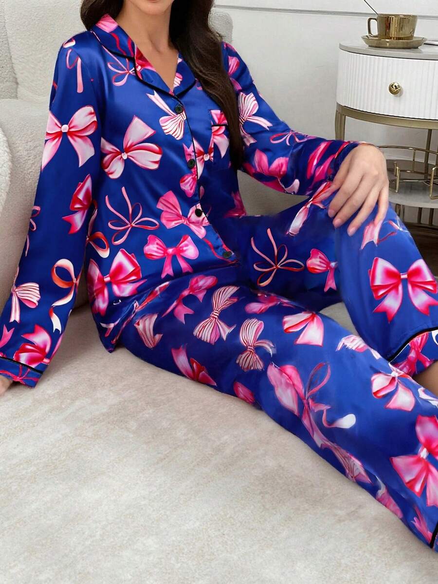 Bowknot Faux Silk Lapel Cardigan Long Sleeve Top & Pants Pajama Set, Fall & Winter Clothes - Multicolor - View 1