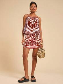 Travachic 女士复古印花吊带背心和短裤两件套，休闲度假装 - 橘色 - 查看 6