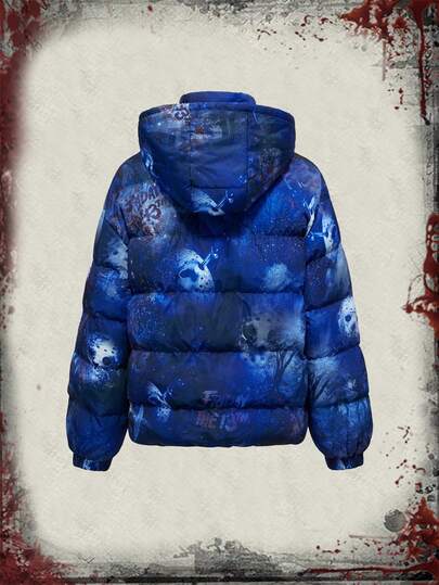 Friday the 13th X ROMWE Horror Movie Skeleton Mask Print Zip-Up Regular Fit Women Hooded Jacket, Autumn/Winter