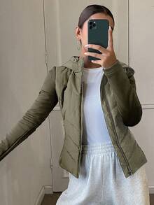 DAZY 女式修身拼布夹棉大衣，秋冬 - 軍綠色 - 查看 2