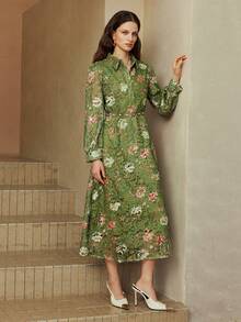 Arave Women's Water-Soluble Positioning Printed Fabric Shirt Collar Lapel Design Half-Open A-Line Hem Fashionable And Elegant Avocado Green Long Dress Women's Autumn Clothing, Elegant Dress - Avocado Green - View 6