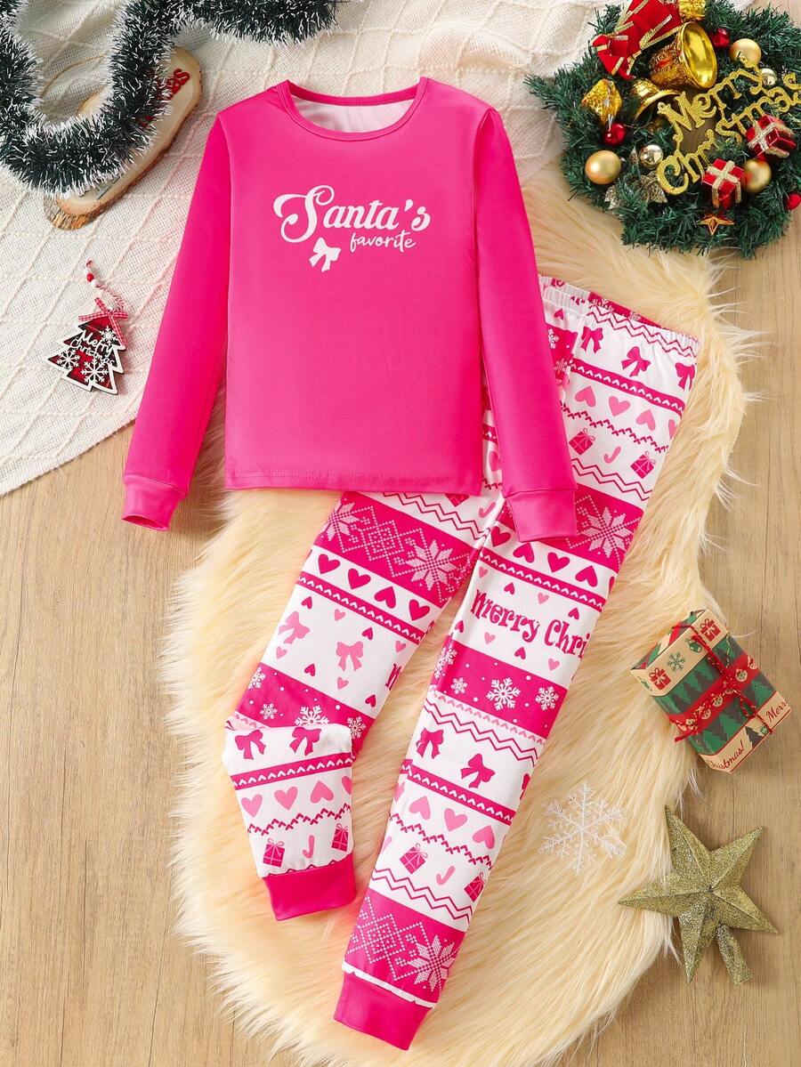 少女圣诞字母印花圆领长袖上衣和打底裤睡衣套装 - 粉色 - 查看 1