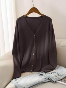 CosyJoli Plus Size Women Casual Solid Color All-Match Cardigan Brown Blouses For Women Coffee Brown Top Dark Brown Top/Winter