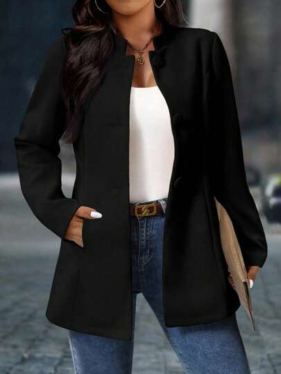 SHEIN PETITE CURVE Plus Size Women Elegant Stand Collar Overcoat With Pockets