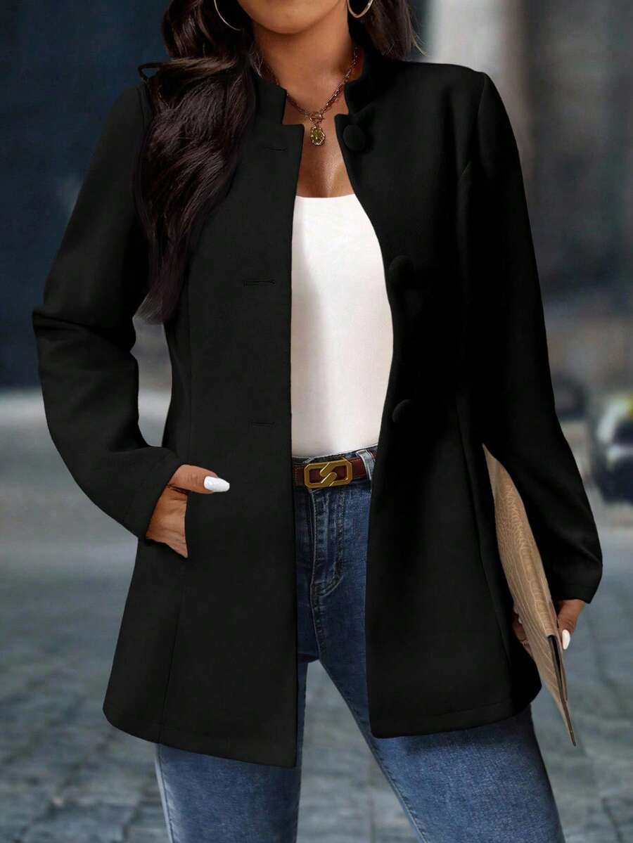 SHEIN PETITE CURVE Damen Große Größen eleganter Mantel mit Stehkragen und Taschen - Schwarz - Übersicht 1