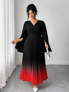 Elenzga Plus Size V-Neck Printed Pleated A-Line Dress - Black - View 6