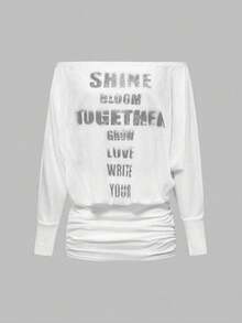 ROMWE Grunge Punk Romantic Punk Cross & Letter Print Off Shoulder Batwing Sleeve Women Long Sleeve Mini Dress - White - View 1