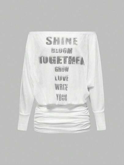 Grunge Punk Romantic Punk Cross & Letter Print Off Shoulder Batwing Sleeve Women Long Sleeve Mini Dress