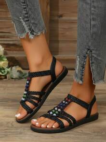 Sandalia para mujer suela de yute artesanal punta abierta correa ajustable plana estilo casual para verano y paseo sandalia cómoda - Negro - Ver 3