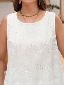 SHEIN Clasi Plus Size Women's White Summer Boho Beach Holiday Elegant Set,Hollow Textured Embroidery Sleeveless Top & Lace Trim Shorts Bohemian Vacation 2pcs - White - View 6