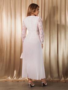 Xyvia Vestido Elegante para Festa/Convidada de Casamento Feminino, Renda Refinada em Recortes, Fivela de Strass, Vestido Midi Plissado com Cintura Ajustada, Outono/Inverno - Branco - Visão 2