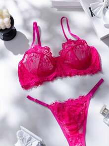 SHEIN 2件套成熟玫瑰红蕾丝拼接内衣套装