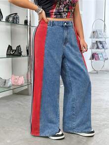 Jeanoix Plus Size High Waist Loose Contrast Color Patchwork Wide Leg Jeans - Multicolor - View 5