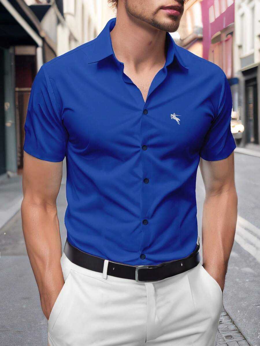 Manfinity Mode 男士骑士刺绣单排扣休闲西部衬衫 男士短袖正装衬衫 商务休闲衬衫 宝蓝色男士衬衫 男士商务休闲上衣 - 寶藍色 - 查看 1