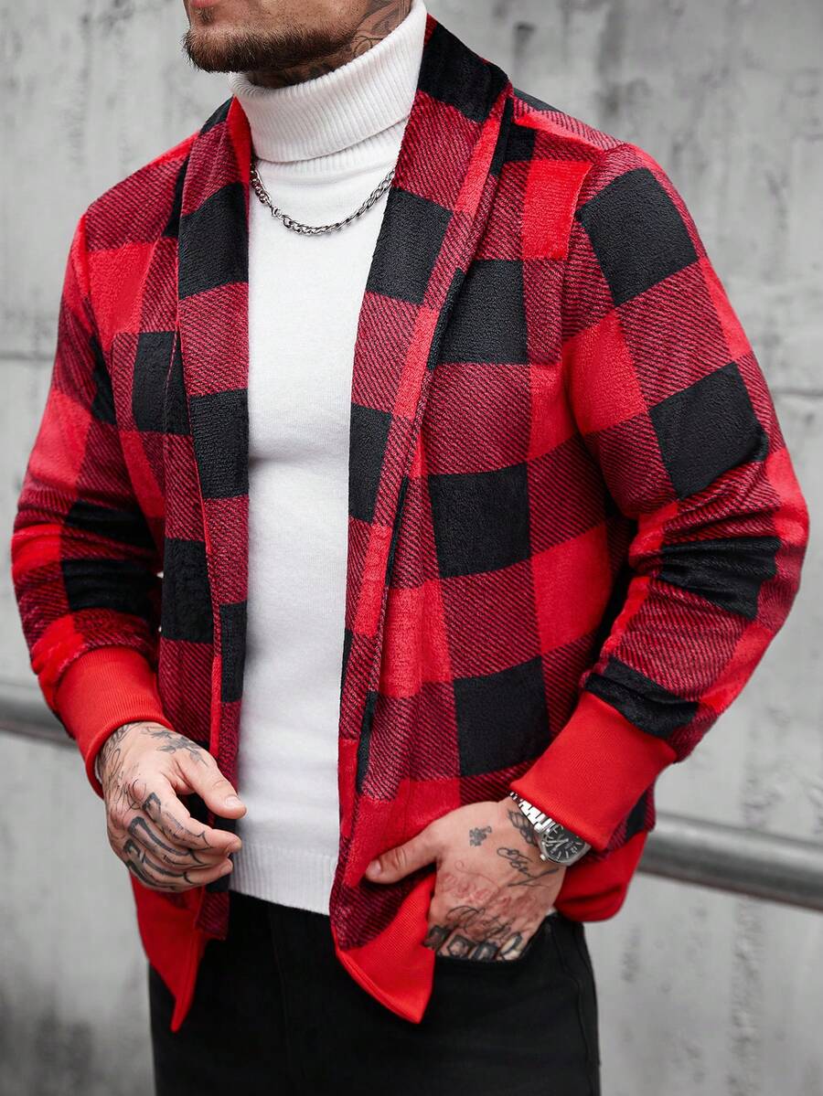 Manfinity CasualCool Men's Casual Plaid Shawl Collar Long Sleeve Fleece Jacket, Autumn/Winter - Red - View 1