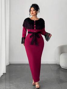 Elenzga Plus Size Lace Patchwork Cinched Waist Cinched Waist Bodycon Dress - Burgundy - View 3