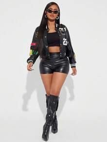 Radiana Áo khoác bóng chày màu tương phản độc đáo thiết kế kiểu Mỹ mới cho mùa thu dành cho nữ, áo khoác ngoài rộng rãi có thêu và da PU - màu đen - Xem 3