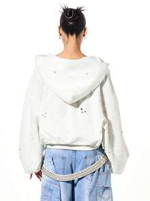 SUMWON WOMEN Oversized Boxy Zip Through Studded Hoodie With Metal Eyelets For Casual Winter Streetwear - Light Grey - View 2