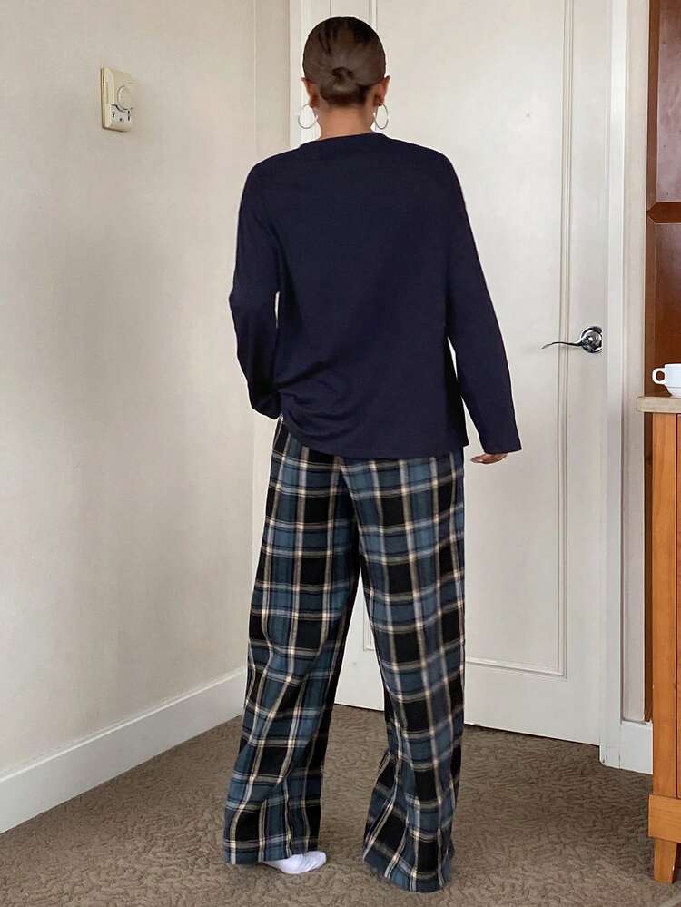 Women's Fleece Solid Color Loose T-Shirt Top And Plaid Loose Pants Homewear Cozy Pajama Set, Autumn/Winter