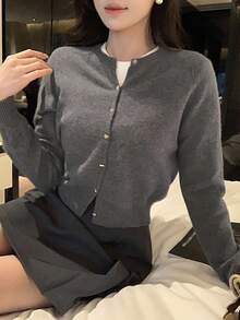 DAZY Women's Loose Fit Gray Cardigan Sweater, New Arrival For Autumn/Winter - Grey - View 9