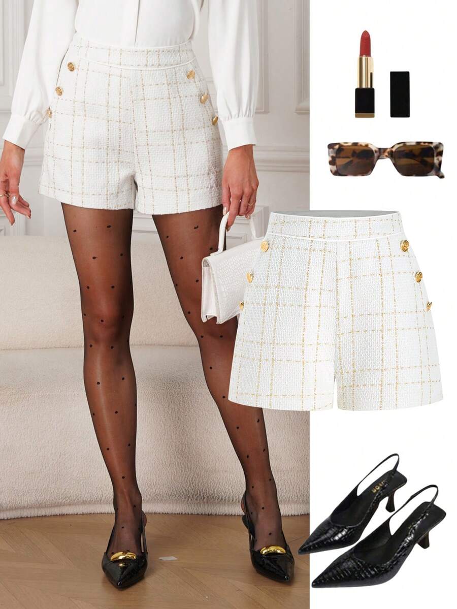 Ellevyn Quần short nữ, đa năng, thanh lịch, kiểu Pháp dễ phối đồ, thích hợp cho đi làm, mùa thu/đông. - trắng - Xem 1