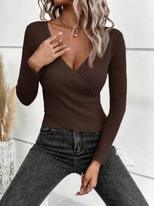 SHEIN Clasi كنزة صوفية نسائية بلون أحادي ذات رقبة على شكل V طويلة الأكمام ضيقة الجسم، خريف/شتاء