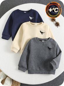 SHEIN 3pcs/Set Thickened Fleece Baby Boy Sweatshirts (Without Pants), Solid Color Dinosaur Print Crew Neck Long Sleeve Sweatshirts, Comfortable Casual Daily Wear, Suitable For Indoor, Outdoor, Sports, Party, Photography, Festival, Streetwear, Christmas, New Year, Autumn/Winter
