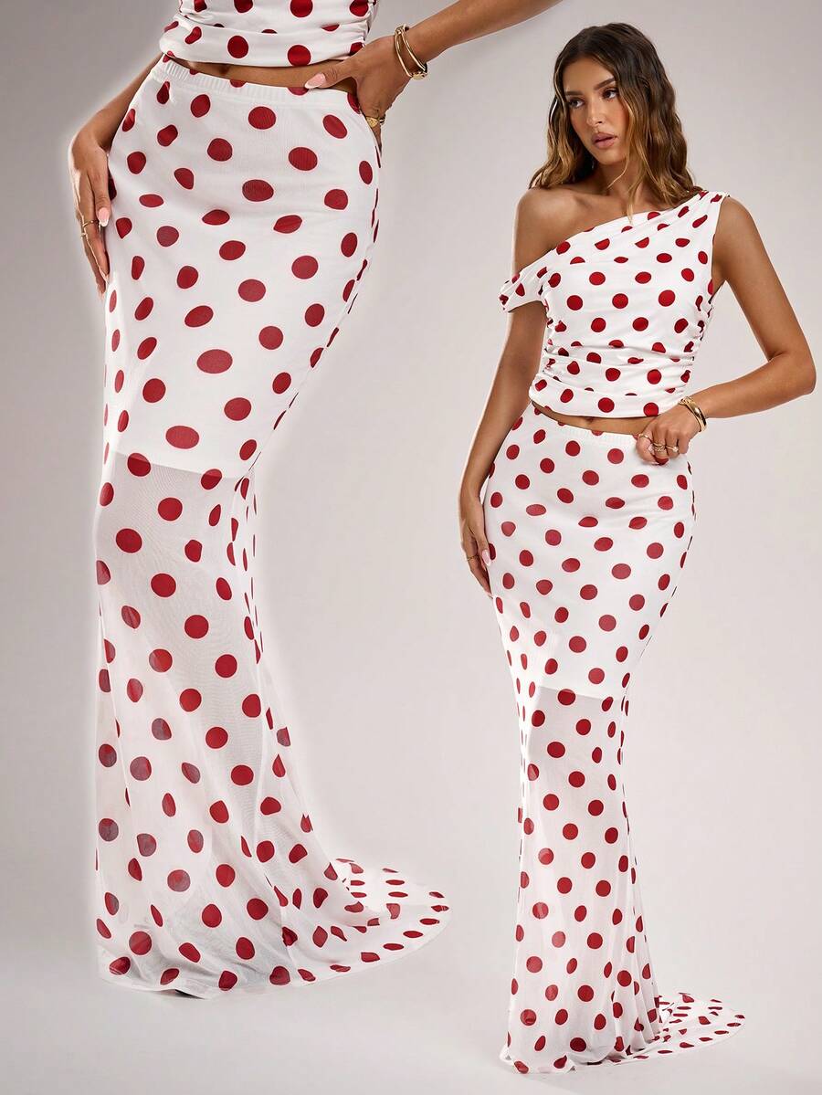 Avantive Red And White Polka Dot Maxi Skirt For Women,Vintage 70s 2000s Style Elegant Fitted Print Skirt,Autumn Party Cocktail Prom Homecoming Date Night - Red and White - View 1
