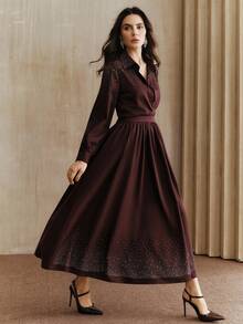 Anewsta Women's Elegant Rhinestone Embellished Long Sleeve Blouse And Waist-Cinched Skirt 2-Piece Set, Suitable For Party, New Year, Christmas - Purple - View 4