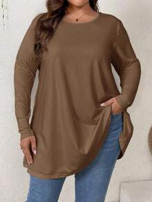 加大码优雅休闲度假宽松长袖圆领纯色基本款分层伞形下摆 T 恤 - 駝色 - 查看 9