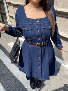 SHEIN EZwear Vestido vaquero de manga larga azul ajustado sin estiramiento de talla grande, para invierno - Azul lavado oscuro - Ver 6