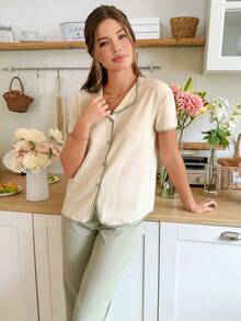 Snug Reverie Conjunto de pijama/ropa de estar en casa con top de manga corta abotonado y pantalones, con ribete acanalado para mujer - Verde - Ver 5