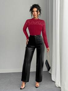 Rafferiza Women's Elegant French Style Sheer Lace Collar Long Sleeve Fitted T-Shirt, Autumn, Christmas - Red - View 6