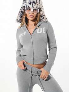 SUMWON WOMEN Sudadera con capucha con cremallera de punto esponjoso con texto en letras para un estilo acogedor de invierno - Gris - Ver 6