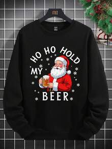 Merry Christmas Fashionable Street Style Christmas Spirit Santa Claus Beer Mug Graphic Letter Print Casual Holiday Crew Neck Pullover Sweatshirt, Suitable For Christmas Party And Going Out