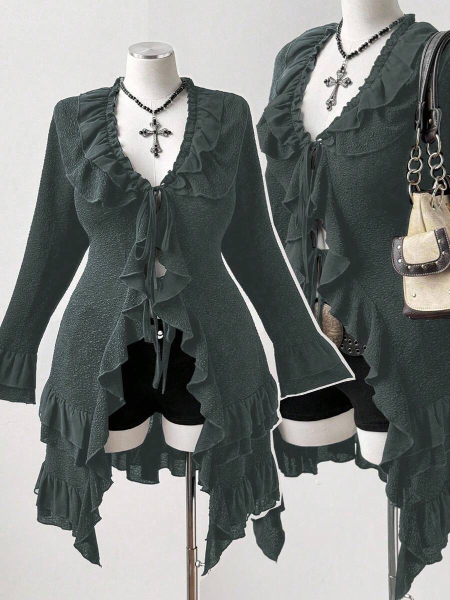 Sunspun Chaqueta de manga larga con parches y volantes, estilo oscuro y talla grande - Gris Oscuro - Ver 1