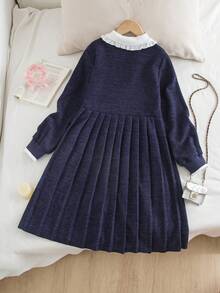 Genkimix Kids 韩版少女休闲碎花灰色纹理面料彼得潘领长袖连衣裙，白色蕾丝边，褶皱设计，秋季款 - 彩色 - 查看 2