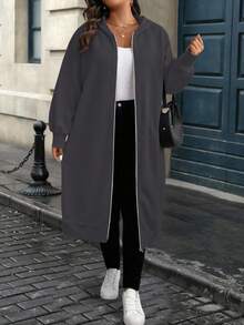 EMERY ROSE Plus Size Women's Letter Graphic Zip-Up Hooded Long Sweatshirt Sweatshirt Jacket - Grey - View 6