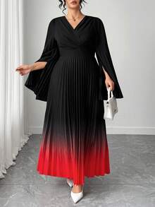 Elenzga Plus Size V-Neck Printed Pleated A-Line Dress - Black - View 7